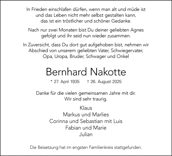 Traueranzeige von Bernhard Nakotte 
