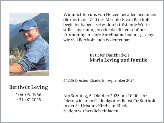 Traueranzeige von Bertholt Leying von Ruhr Nachrichten und Dorstener Zeitung