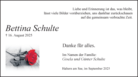 Traueranzeige von Bettina Schulte von Ruhr Nachrichten und Halterner Zeitung