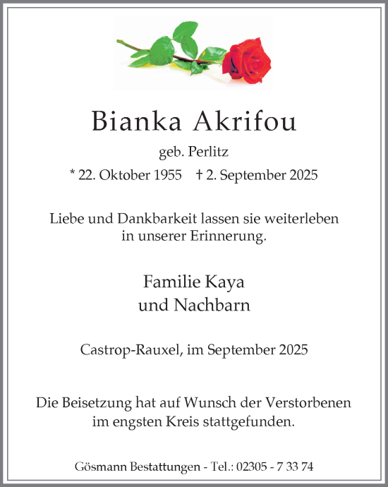 Traueranzeige von Bianka Akrifou von Stadtanzeiger Castrop-Rauxel