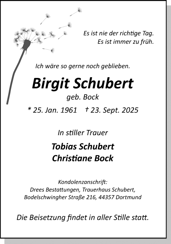 Traueranzeige von Birgit Schubert von Ruhr Nachrichten