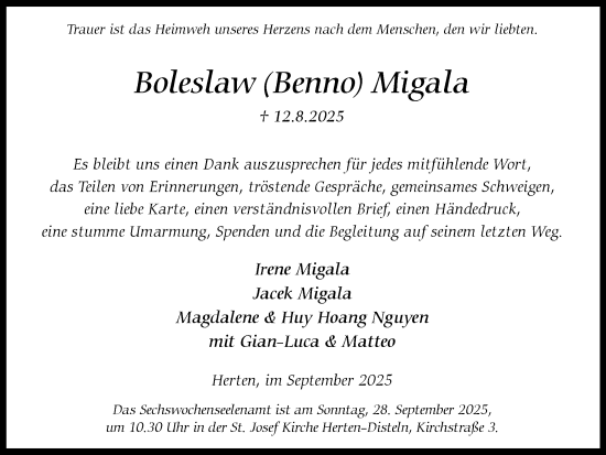 Traueranzeige von Boleslaw Migala von Trauer Vest