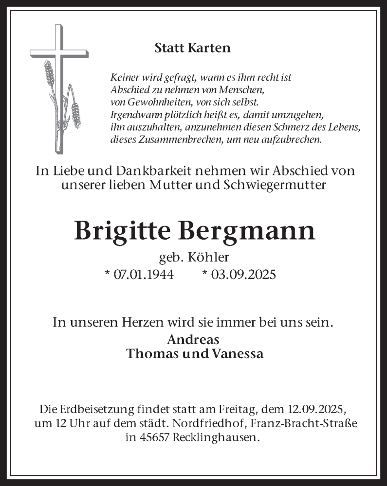 Traueranzeige für Brigitte Bergmann vom 10.09.2025 aus Trauer Vest