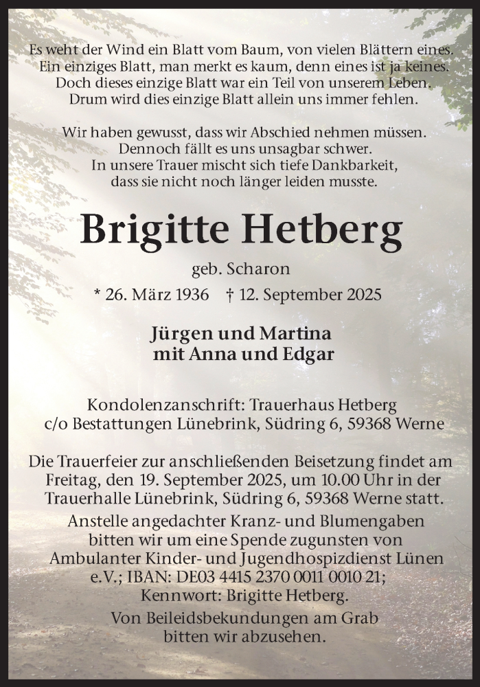  Traueranzeige für Brigitte Hetberg vom 17.09.2025 aus Ruhr Nachrichten