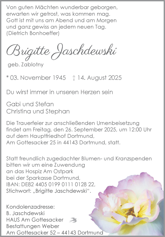 Traueranzeige von Brigitte Jaschdewski von Ruhr Nachrichten