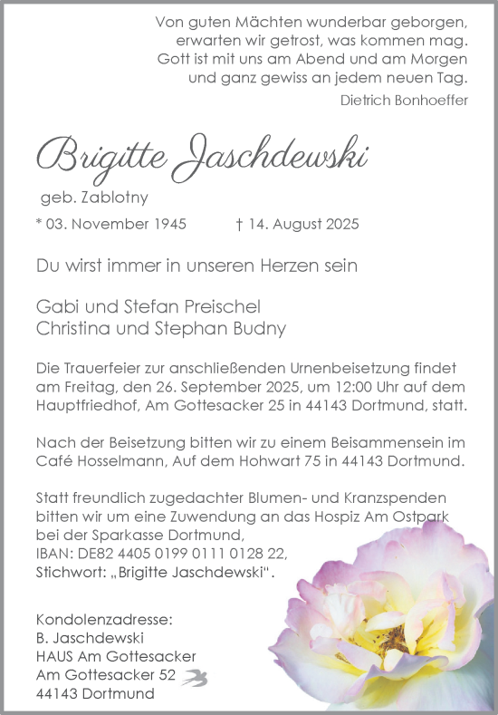 Traueranzeige von Brigitte Jaschdewski von Ruhr Nachrichten
