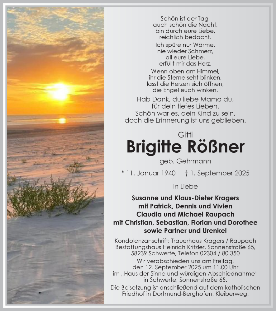  Traueranzeige für Brigitte Rößner vom 06.09.2025 aus Ruhr Nachrichten