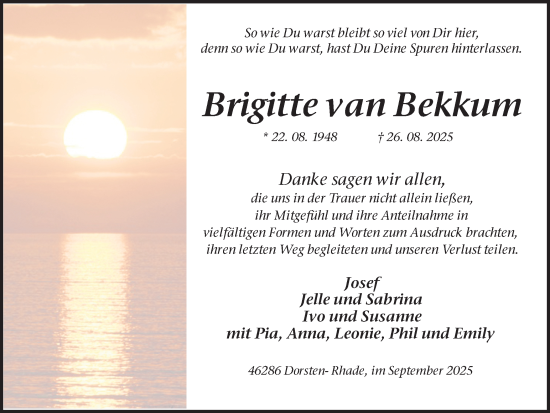 Traueranzeige von Brigitte van Bekkum von Ruhr Nachrichten und Dorstener Zeitung