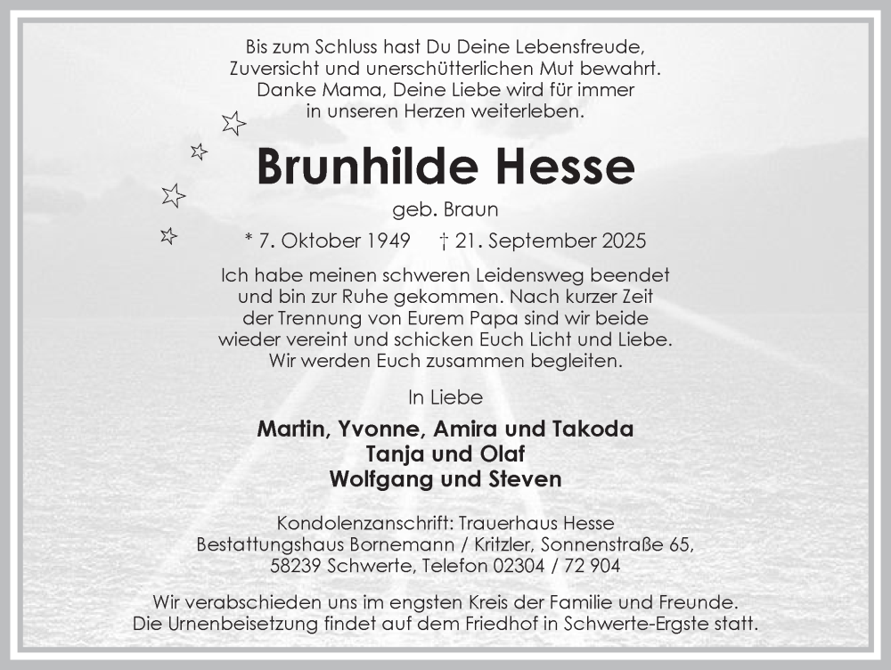  Traueranzeige für Brunhilde Hesse vom 27.09.2025 aus Ruhr Nachrichten