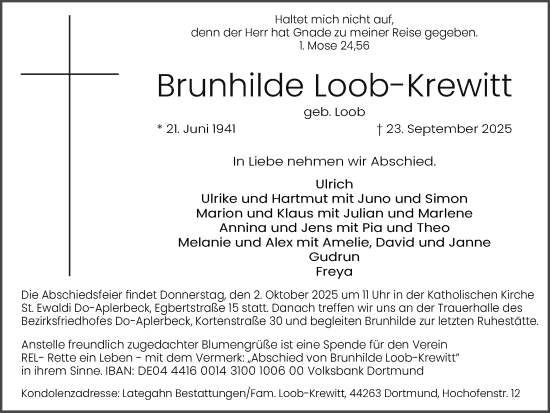 Traueranzeige von Brunhilde Loob-Krewitt von Ruhr Nachrichten