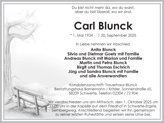 Traueranzeige von Carl Blunck von Ruhr Nachrichten