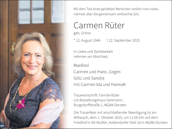 Traueranzeige von Carmen Rüter von Ruhr Nachrichten und Dorstener Zeitung