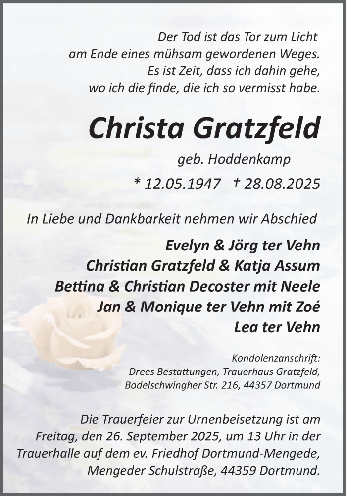  Traueranzeige für Christa Gratzfeld vom 20.09.2025 aus Ruhr Nachrichten