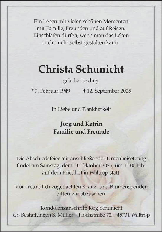 Traueranzeige von Christa Schunicht von Trauer Vest