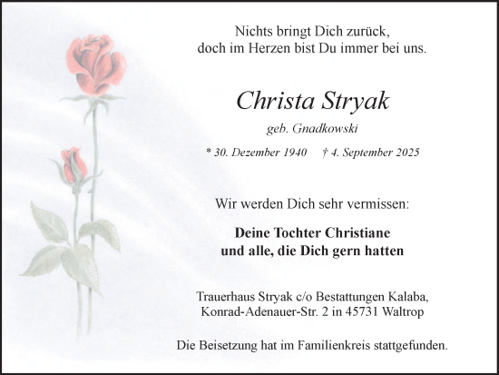 Traueranzeige von Christa Stryak von Ruhr Nachrichten