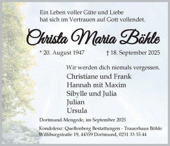 Traueranzeige von Christa Maria Böhle von Ruhr Nachrichten