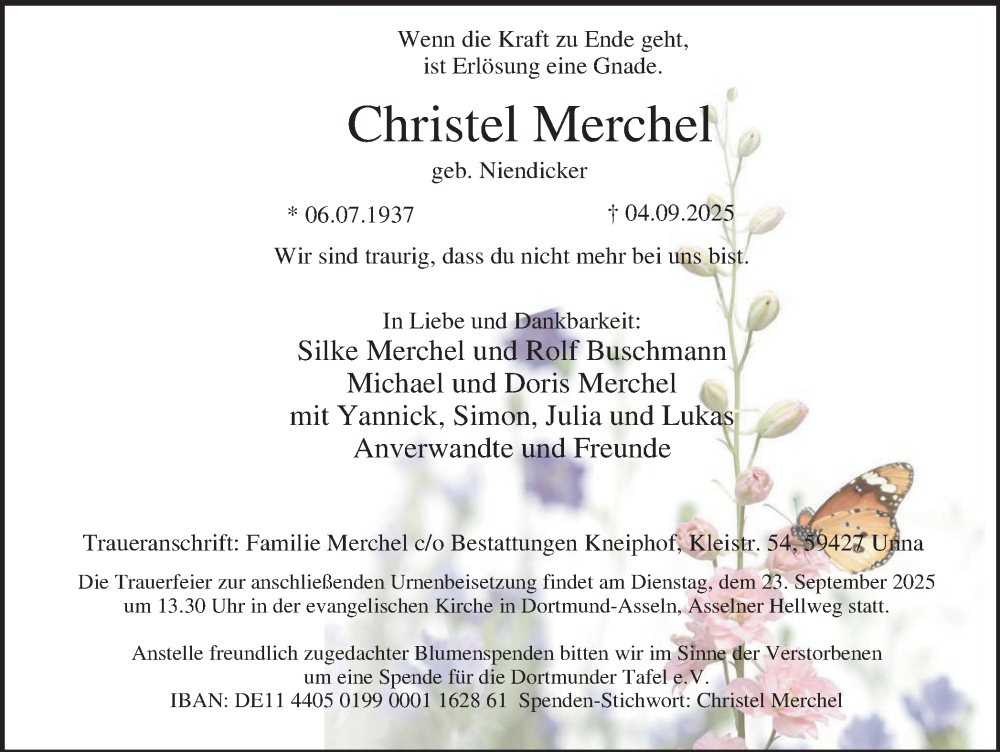  Traueranzeige für Christel Merchel vom 13.09.2025 aus Ruhr Nachrichten