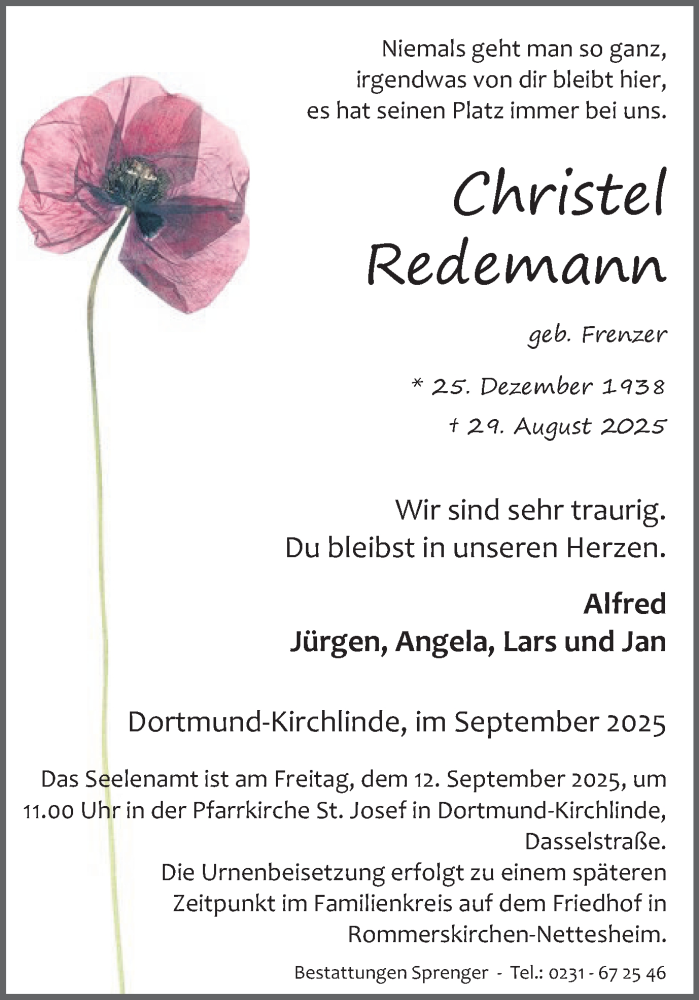  Traueranzeige für Christel Redemann vom 06.09.2025 aus Ruhr Nachrichten