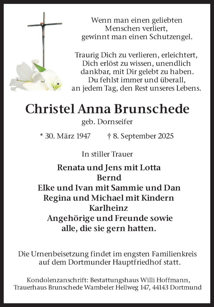  Traueranzeige für Christel Anna Brunschede vom 13.09.2025 aus Ruhr Nachrichten