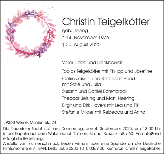 Traueranzeige von Christin Teigelkötter von Ruhr Nachrichten