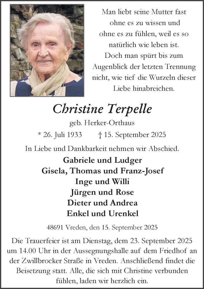  Traueranzeige für Christine Terpelle vom 18.09.2025 aus Münsterland Zeitung