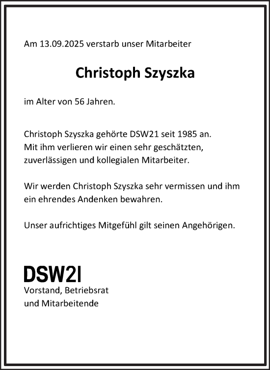 Traueranzeige von Christoph Szyszka von Ruhr Nachrichten