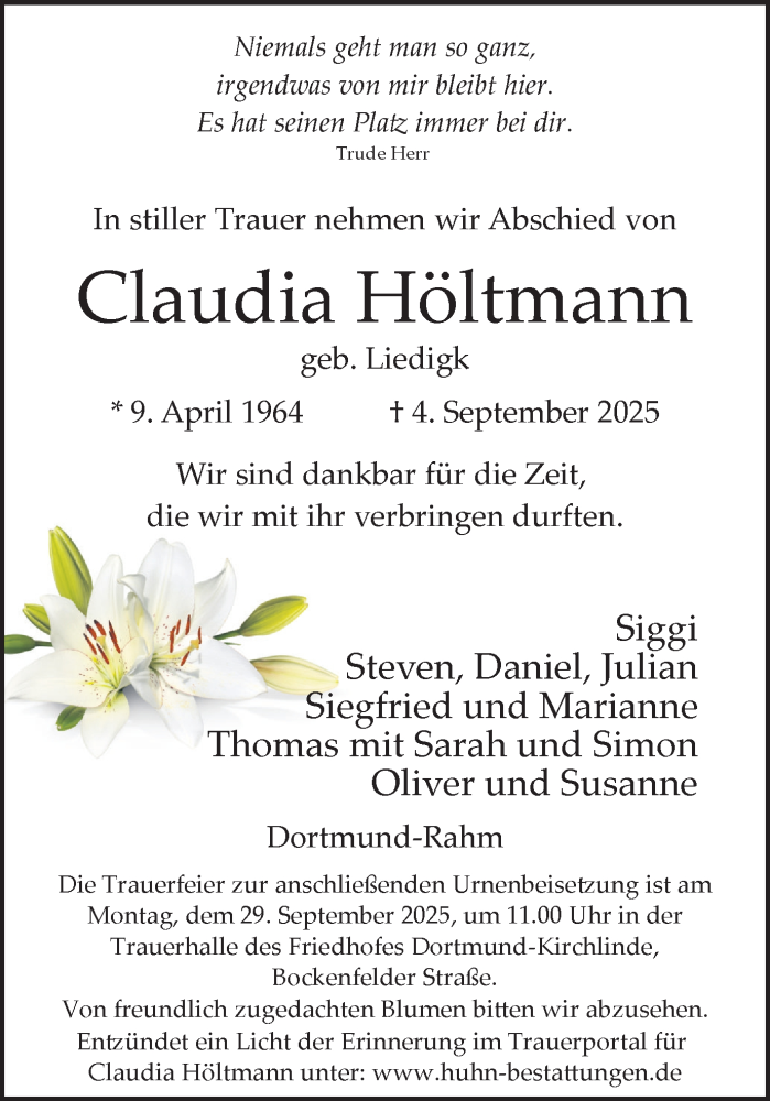  Traueranzeige für Claudia Höltmann vom 20.09.2025 aus Ruhr Nachrichten