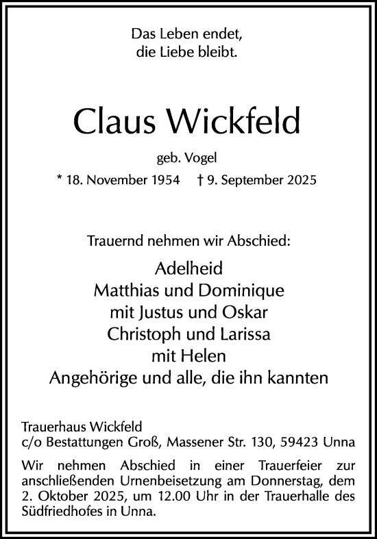 Traueranzeige von Claus Wickfeld von Hellweger Anzeiger