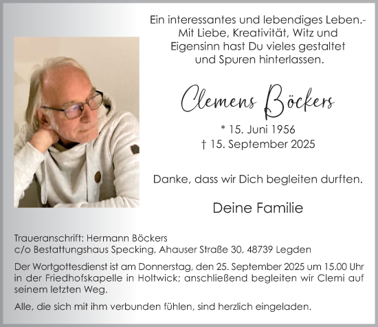 Traueranzeige von Clemens Böckers von Münsterland Zeitung