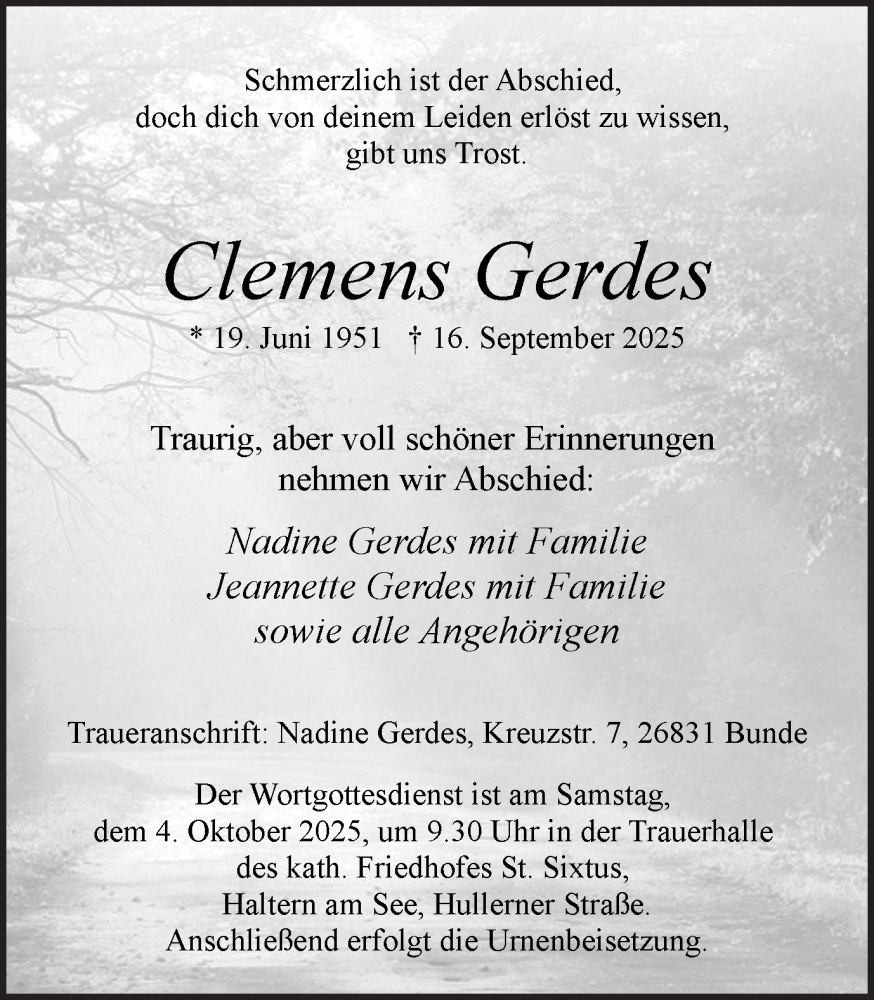  Traueranzeige für Clemens Gerdes vom 27.09.2025 aus Ruhr Nachrichten und Halterner Zeitung