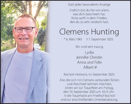 Traueranzeige von Clemens Hunting 