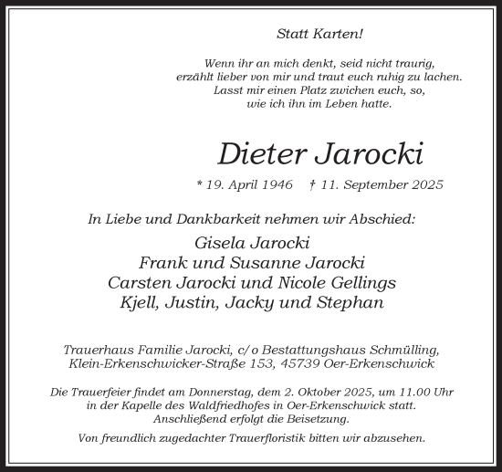 Traueranzeige von Dieter Jarocki von Trauer Vest