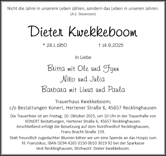 Traueranzeige von Dieter Kwekkeboom von Trauer Vest