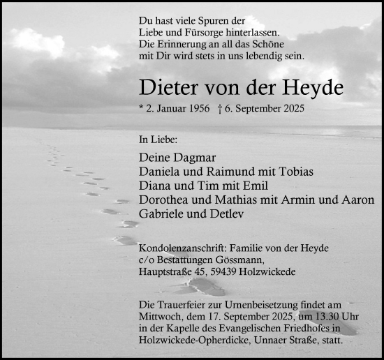 Traueranzeige von Dieter von der Heyde von Hellweger Anzeiger