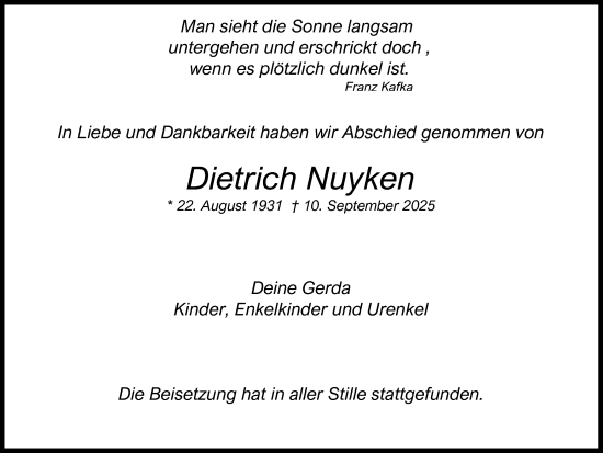 Traueranzeige von Dietrich Nuyken von Ruhr Nachrichten und Dorstener Zeitung