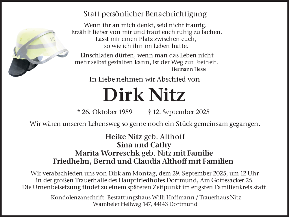  Traueranzeige für Dirk Nitz vom 20.09.2025 aus Ruhr Nachrichten
