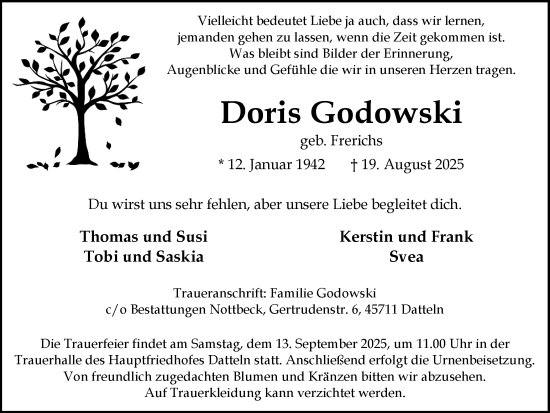 Traueranzeige von Doris Godowski von Trauer Vest