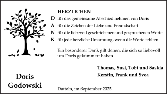 Traueranzeige von Doris Godowski von Trauer Vest