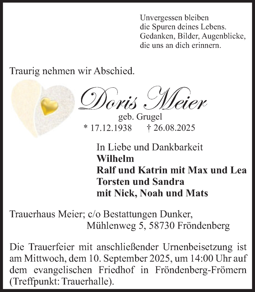  Traueranzeige für Doris Meier vom 06.09.2025 aus Hellweger Anzeiger