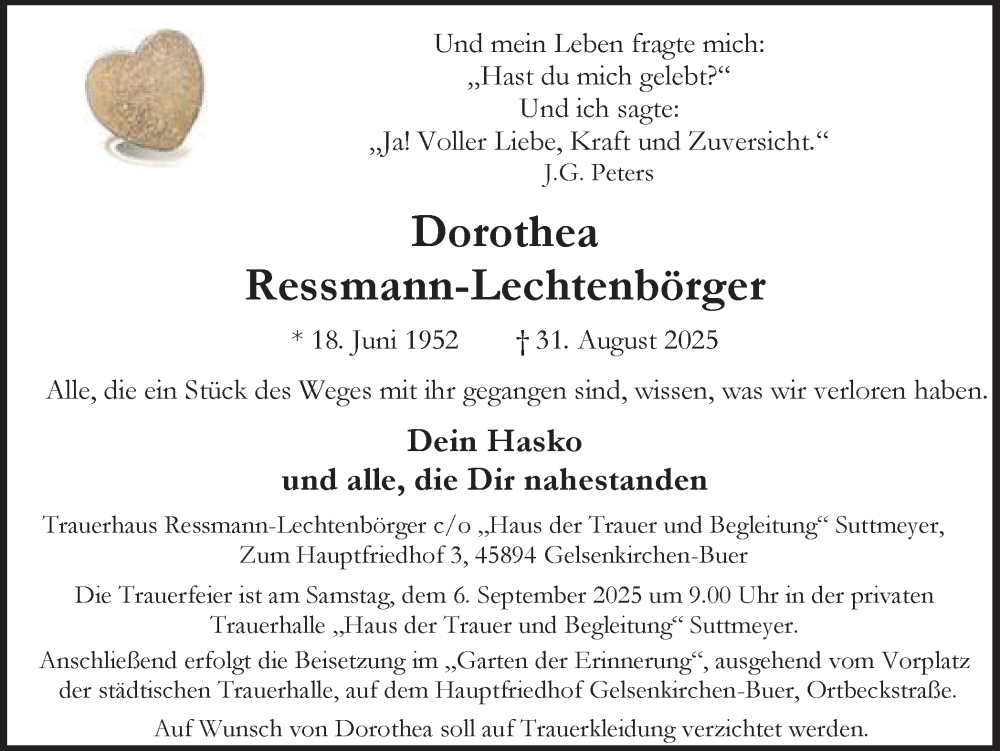  Traueranzeige für Dorothea Ressmann-Lechtenbörger vom 05.09.2025 aus Trauer Vest