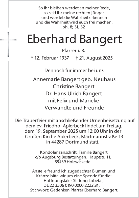 Traueranzeige von Eberhard Bangert von Ruhr Nachrichten