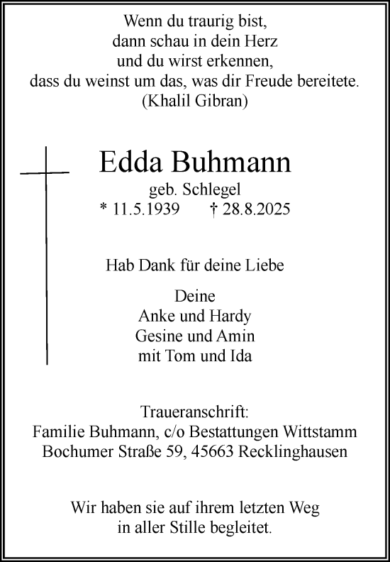 Traueranzeige von Edda Buhmann von Trauer Vest
