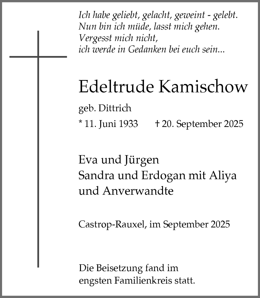  Traueranzeige für Edeltrude Kamischow vom 27.09.2025 aus Stadtanzeiger Castrop-Rauxel