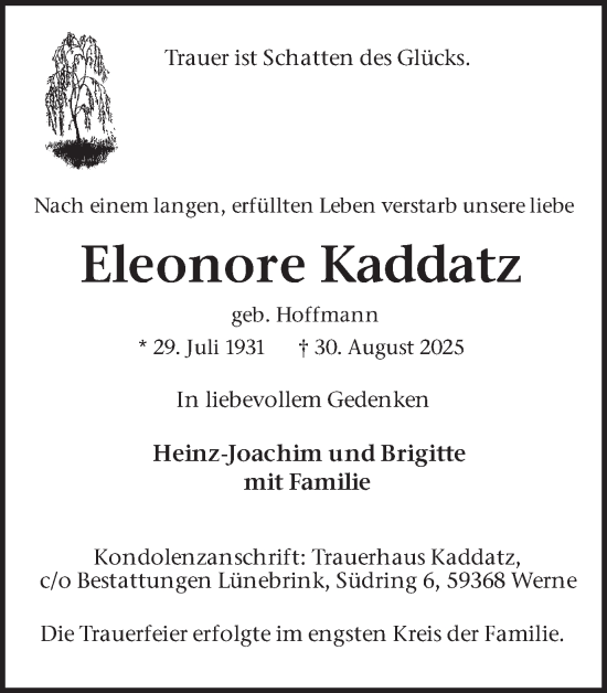 Traueranzeige von Eleonore Kaddatz von Ruhr Nachrichten
