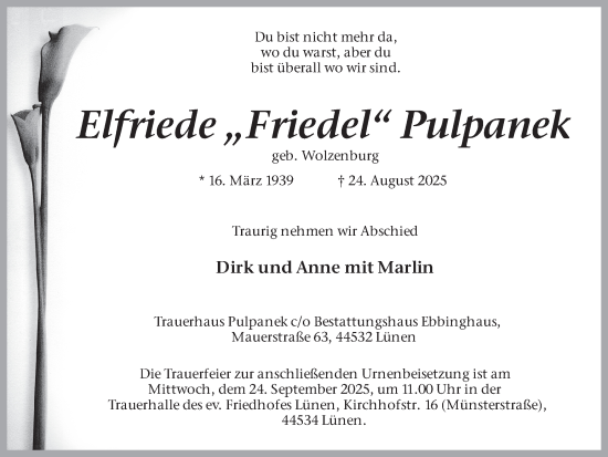 Traueranzeige von Elfriede Pulpanek von Lüner Anzeiger