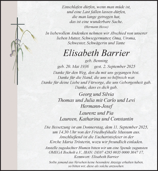 Traueranzeige von Elisabeth Barrier 