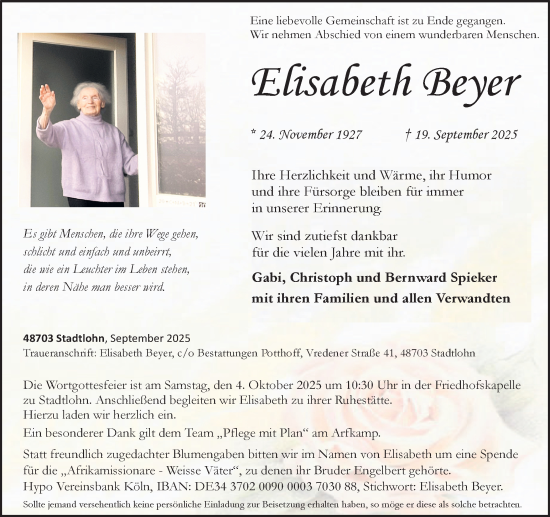 Traueranzeige von Elisabeth Beyer von Münsterland Zeitung