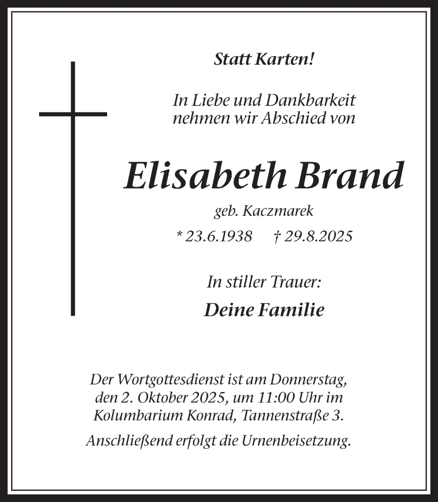 Traueranzeige für Elisabeth Brand vom 27.09.2025 aus Trauer Vest