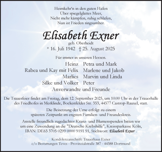 Traueranzeige von Elisabeth Exner von Ruhr Nachrichten