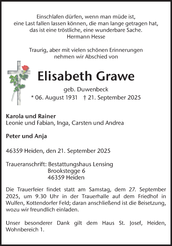 Traueranzeige von Elisabeth Grawe von Ruhr Nachrichten und Dorstener Zeitung